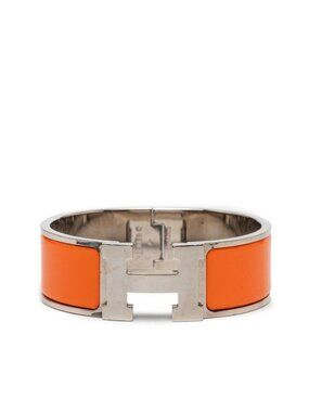 Hermes Clic Clac PM Bracelet Bangle Silver Orange Metal Enamel